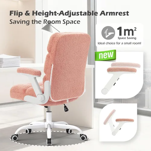 Vista 6 de SEATZONE Silla de oficina rosa ergonómica con ruedas, silla de escritorio para computadora de felpa sintética, silla de oficina cómoda para mujeres