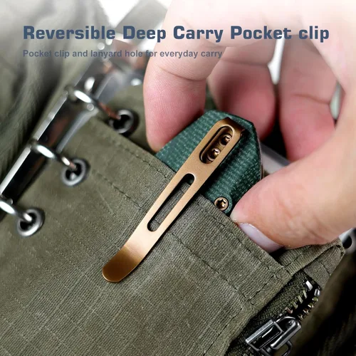 Vista 6 de RT-CAMEL - Cuchillo de bolsillo plegable, cierre con forro de botón, hoja de acero 14C28N de 3.1 pulgadas, cuchillo EDC con mango de micarta