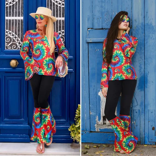 Vista 4 de Jiuguva Conjunto de 17 piezas de disfraz hippie de los años 60 y 70 para mujer, vestido de discoteca, pantalones bohemios, acampanados, camisa