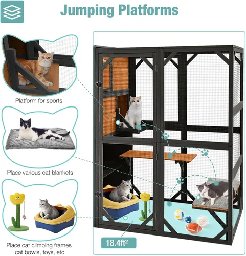 Vista 3 de Big Catio - Casa para gatos al aire libre, refugio de madera para gatos de 4 niveles con gran espacio interior (marrón, extragrande)