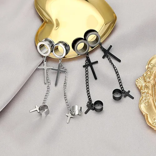 Vista 3 de Longbeauty 2 Pairs Surgical Steel Dangle Cross Ear Tunnels Fashion Ear Gauges Plugs Expander Stretchers Piercings Black & Silver 2g-58