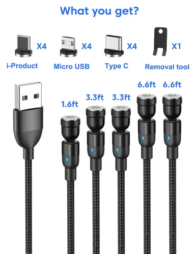 Vista 7 de Cable de carga magnético (paquete de 5, 1.6/3.3/3.3/6.6/6.6 pies)/cable de carga magnético USB C giratorio de 360° y 180°/cable de carga