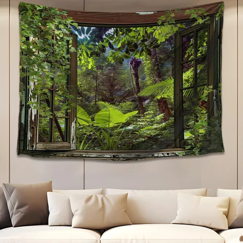 Vista 30 de QGHOT Tapiz de bosque brumoso, tapiz de montaña natural para colgar en la pared, paisaje de acuarela verde salvia, arte de pared para dormitorio