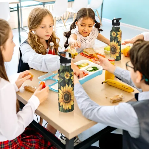 Vista 6 de Trendy Sunflower Oil Painting Style Leak Proof & BPA Free Sports Insulated Water Bottle With Straws Leak-proof Hot & Cold Double Walled for