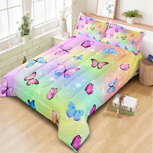 Vista 2 de Juego de edredón de tamaño individual con diseño de mariposa para niñas, suave microfibra cepillada con 1 edredón y 2 fundas de almohada, decoración