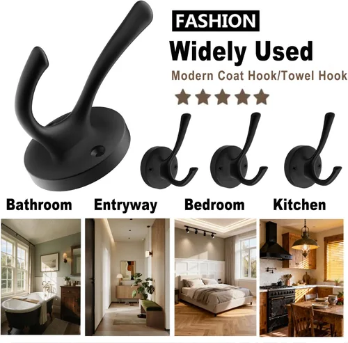 Vista 7 de TOFIIGREM Ganchos negros para toallas, paquete de 2 ganchos de metal resistente para bata de baño, gancho doble montado en la pared, ganchos