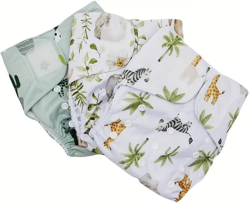 Vista 4 de 3 unidades de pañales de tela reutilizables con diseño de sujetadores de gancho y bucle con 3 insertos de microfiador (estampados de animales)