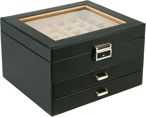 Vista 2 de Ogrmar Joyero de piel sintética de 3 niveles con cerradura para hombres y mujeres, vitrina y organizador con tapa de vidrio transparente