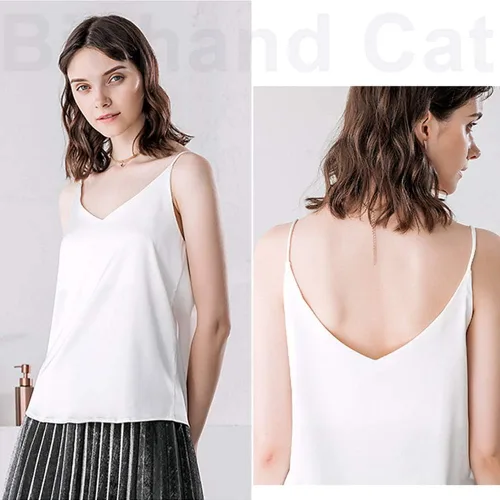 Vista 3 de IIG Camiseta clásica de satén de seda para mujer, blusa sexy con cuello en V, camiseta sin mangas para mujer, chaleco con tirantes delgados