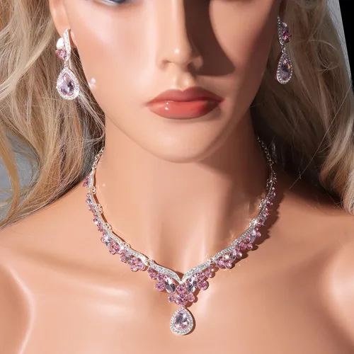 Vista 3 de Juego de joyas de oro y plata, rojo, esmeralda, rosa, negro, azul, regalo de joyería para novia, mamá, esposa, abuela, mujer, en boda, fiesta
