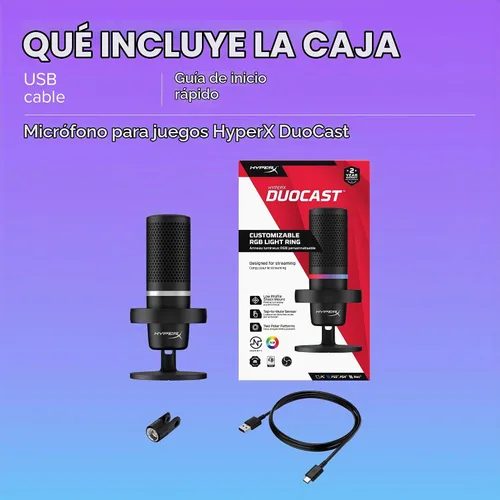 Vista 9 de HyperX DuoCast - Micrófono condensador USB RGB para PC, PS5, PS4, Mac, montaje de choque de bajo perfil, cardioide, omnidireccional, filtro pop