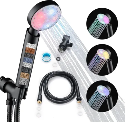 Vista 11 de Cabezal de ducha LED KAIREY con mango 7 colores que cambian automáticamente, luz de ducha que se enciende con mango pulido cromado con manguera