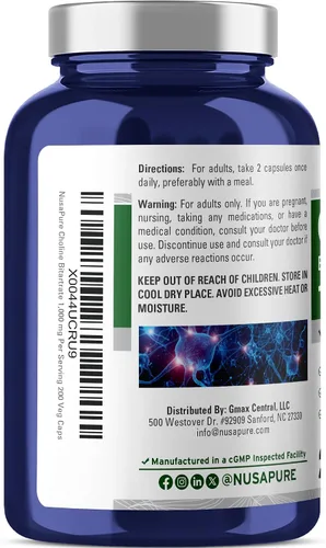 Vista 2 de NusaPure Bitartrato de colina - Apto para vegetarianos/veganos, sin OMG - 1000 mg 200 cápsulas