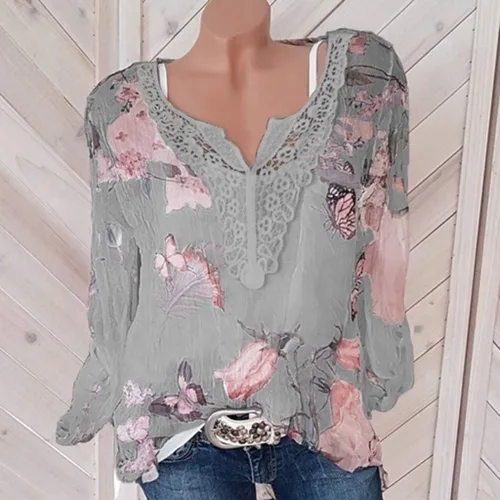 Vista 2 de Womens Casual Long Sleeve V Neck Comfy Shirts Loose Lightweight T Shirts Pullover Tops Floral Print Blouses