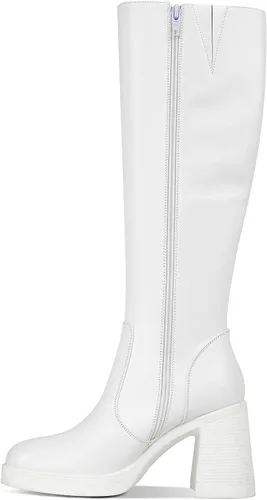 Vista 3 de SOVANYOU Botas de cuero negro con plataforma para mujer, botas de tacón grueso con punta cuadrada
