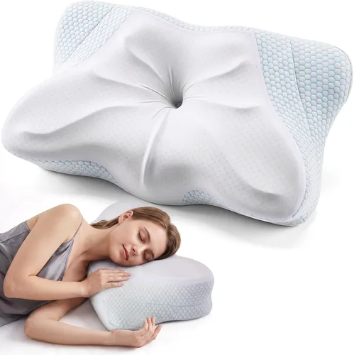 Vista 19 de OLIXIS Almohada cervical de contorno para aliviar el dolor de cuello, ergonómica de doble altura Azul