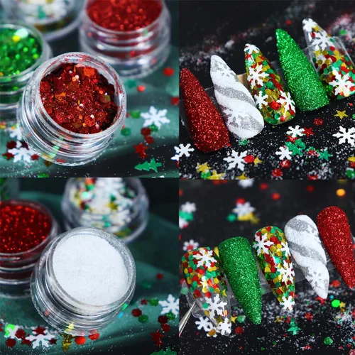 Vista 6 de Dijes de uñas de Navidad con purpurina en polvo rojo y verde para uñas, lentejuelas, holográfico, blanco, diamante, hielo, aurora, azúcar, arena