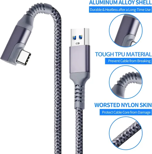 Vista 6 de Kuject - Cable Link USB 3 tipo A a C de 20 pies de largo compatible con Oculus Quest 2 cable de carga de nailon trenzado para visores de realidad