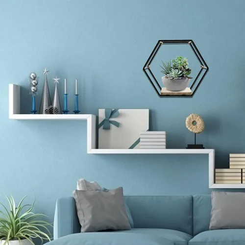 Vista 2 de Happyyami Estante de almacenamiento hexagonal de hierro negro montado en la pared, estante flotante decorativo para plantas suculentas y libros