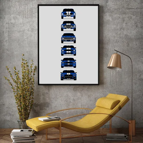 Vista 5 de Custom Car Posters Póster hecho a mano compatible con Shelby Mustang GT500 Generations e impresión de Ford Shelby GT500, azul con rayas blancas