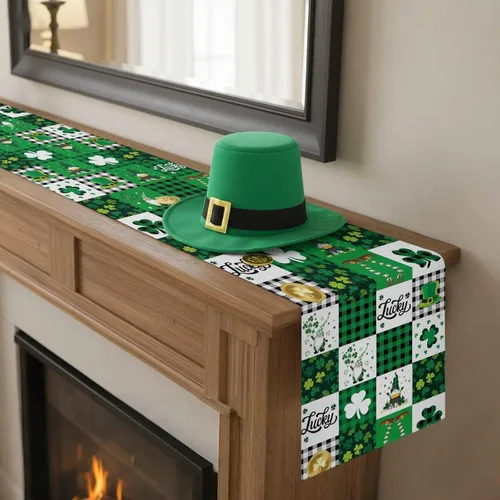 Vista 9 de Camino de mesa para el día de San Patricio, algodón y lino, trébol de la suerte, gnomos, antideslizante, decoración de festividades de primavera