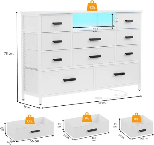 Vista 3 de Cómoda con estación de carga, cómoda blanca para dormitorio con 10 cajones, soporte para TV con almacenamiento y luz LED para TV de 55", de tela