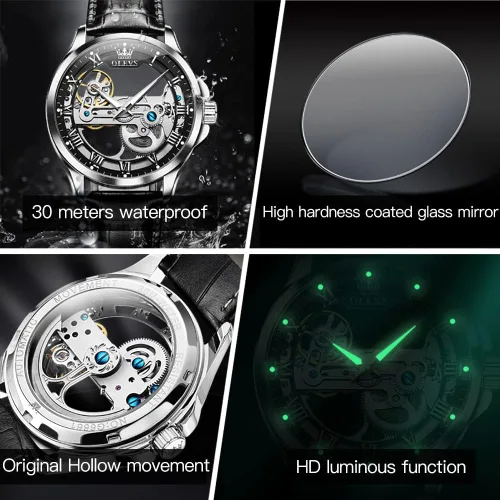 Vista 6 de OLEVS Relojes de esqueleto para hombre, automático, mecánico, de lujo, de cuero, impermeable, luminoso, reloj de pulsera para hombre