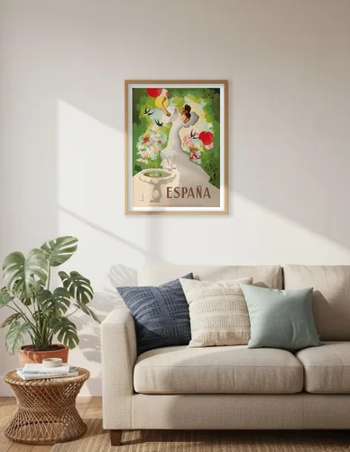 Vista 6 de España (España) - Bailarina con fuente y pájaros - Póster de viaje vintage por Marcias José Morell c.1941 - Impresión artística maestra (sin marco)