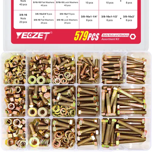 Vista 8 de Kit de 236 arandelas de pernos y tuercas resistentes de grado 8, 1/4-20 5/16-18 3/8-16, tornillos hexagonales, tuercas, kit surtido, incluye 13
