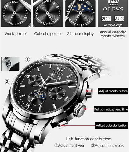 Vista 2 de OLEVS Man Automatic Watches Automatic Mechanical Tourbillon Waterproof Business Watch Stainless Steel Case Strap Day Date Sun Moon Phase Window