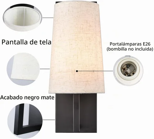 Vista 3 de Juego de dos apliques de pared negros de granja modernos con cable de 1 luz negra mate con pantalla de tela, iluminación de pared para dormitorio