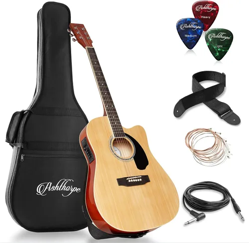 Vista 11 de Ashthorpe - Paquete de guitarra electroacústica estándar con diseño delgado con corte - de madera Tonewood de primera calidad Negro