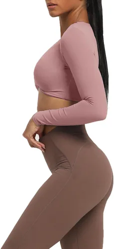 Vista 2 de Aoxjox, Sienna - Camiseta estilo ombliguera de manga larga para mujer, de cuello en V profundo con torsión, camiseta para entrenamiento