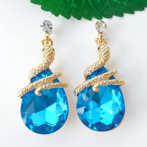 Vista 18 de Navachi Pendientes colgantes de gota de serpiente con forma de pera multicolor de cristal chapado en oro de 18 quilates
