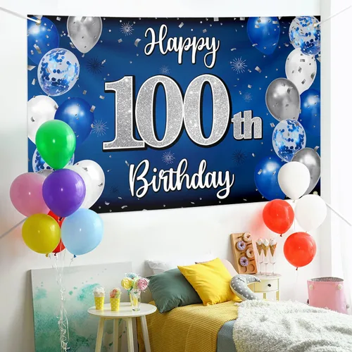 Vista 3 de Decoración de feliz cumpleaños número 100, globo azul y plateado grande cartel de fondo de cumpleaños de 100 años - Suministros para fiesta
