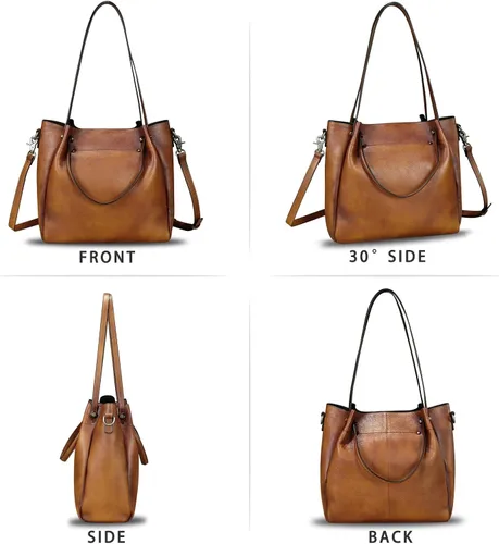 Vista 4 de Bolsos de cuero genuino para mujer, bolsos vintage hechos a mano con asa superior