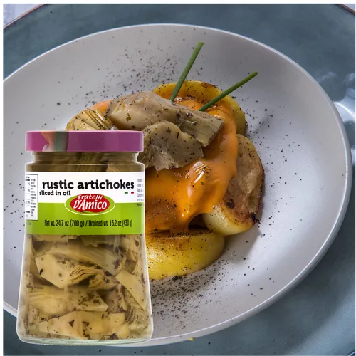 Vista 5 de Alcachofas rústicas en rodajas en aceite, calidad premium, seleccionado por el chef, tarro grande: 24.7oz (700 g), antipasto, marca italiana premium