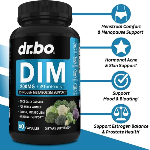 Vista 2 de Suplemento DIM para mujeres y hombres 200 mg – Bloqueador de estrógenos andrógenos para hombres y mujeres, píldoras hormonales para el acné