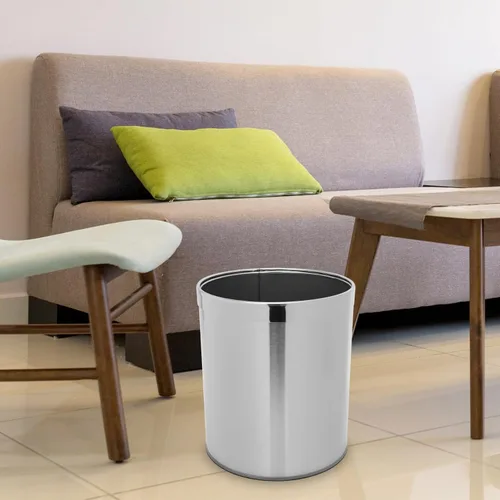 Vista 5 de Cabilock Cubo de basura redondo de acero inoxidable con anillo, contenedor de basura con parte superior abierta, contenedor de basura para el hogar