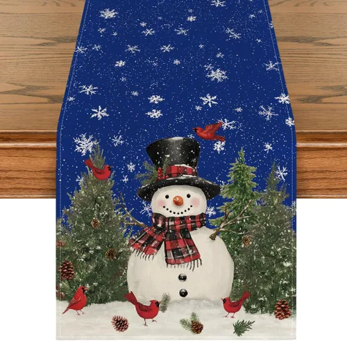 Vista 9 de Artoid Mode Camino de mesa con diseño de muñeco de nieve y pájaros de Navidad, decoración de mesa de comedor para interiores y exteriores