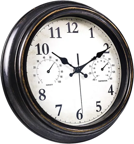 Vista 5 de JoFomp Relojes de exterior para patio, reloj de pared exterior grande de 12 pulgadas, impermeable, con termómetro e higrómetro, reloj de pared