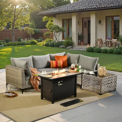 Vista 26 de ovios Muebles de patio de 8 piezas con hoguera, juego de conversación de mimbre de ratán para exteriores con mesa de centro brillante, cómodo sofá
