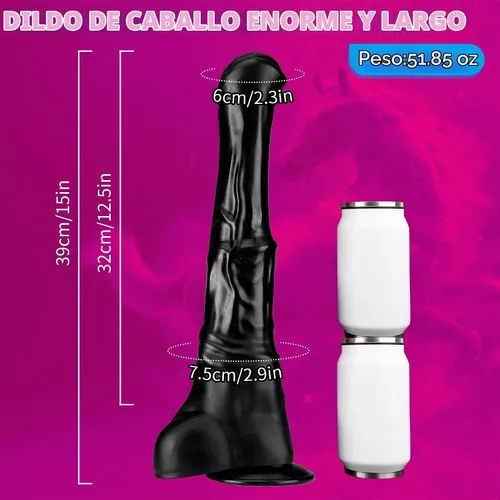 Vista 2 de Consoladro grueso de caballo, consolador animal negro enorme de 15 pulgadas, consolador anal largo con ventosa para parejas de hombres y mujeres
