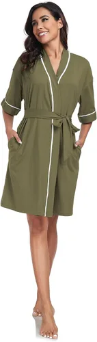 Vista 8 de COLORFULLEAF Bata de baño de manga corta para mujer, 100% algodón, longitud hasta la rodilla, con bolsillos
