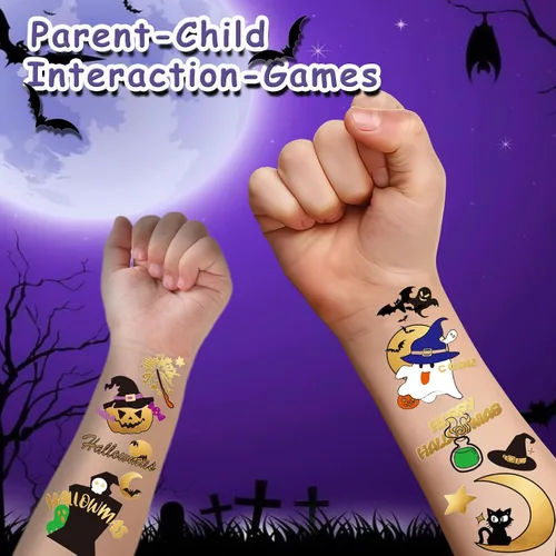 Vista 4 de Tatuajes temporales de Halloween para niños, calabaza, fantasma, bruja, regalos de fiesta de Halloween para niños o niñas, 126 piezas de tatuajes