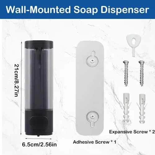 Vista 2 de Dispensador de jabón de mano montado en la pared, 1 cámara, dispensador único de champú y acondicionador de 10oz/300ml en negro, contenedor
