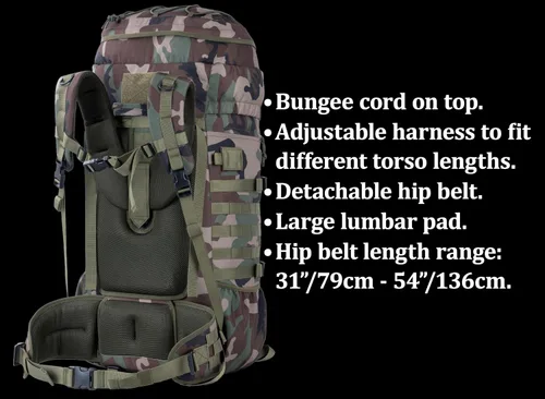 Vista 5 de Mochila táctica 75L con marco interno, MOLLE y sistema de hidratación En Camo