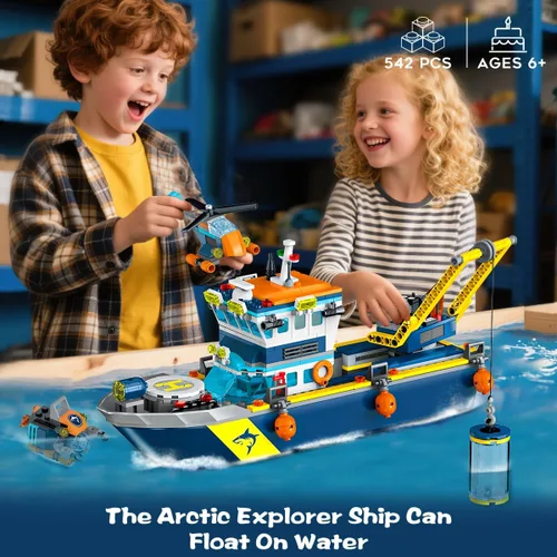 Vista 2 de HiWEEGO City Floatable Boat Building Set with LED Light - Ocean Arctic Explorer Ship Building Block Kit with Helicopter, Sub Exploration Toy