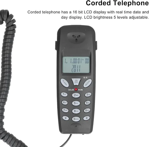Vista 4 de Cuifati Teléfono con cable, pantalla LCD de 16 bits con cable, teléfono con cable con función de pausa de redireccionamiento con, identificación