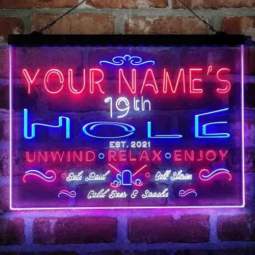 Vista 15 de Personalized 19th Hole Golf Club Tri-Color LED Neon Light Sign Customize Name Date Text Quote Font Green & Red & Yellow 13 x 8.7 Inches
